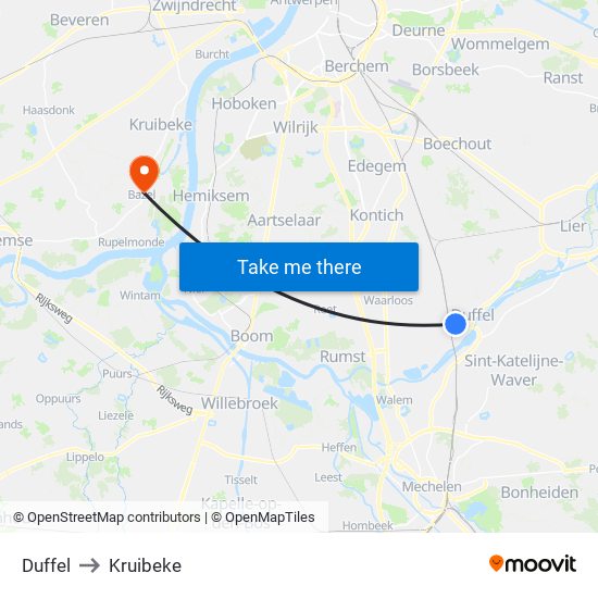 Duffel to Kruibeke map
