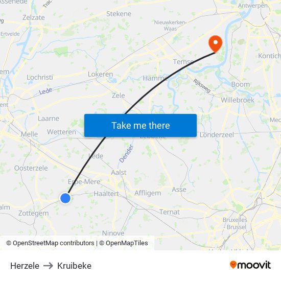 Herzele to Kruibeke map