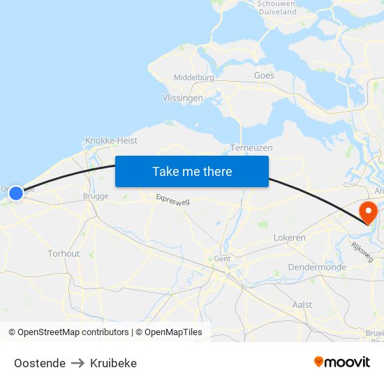 Oostende to Kruibeke map