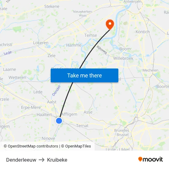 Denderleeuw to Kruibeke map