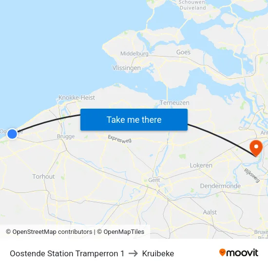 Oostende Station Tramperron 1 to Kruibeke map