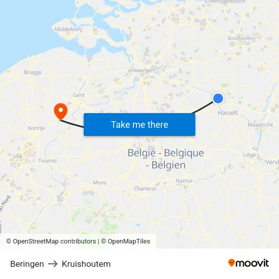 Beringen to Kruishoutem map