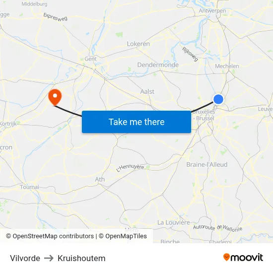 Vilvorde to Kruishoutem map