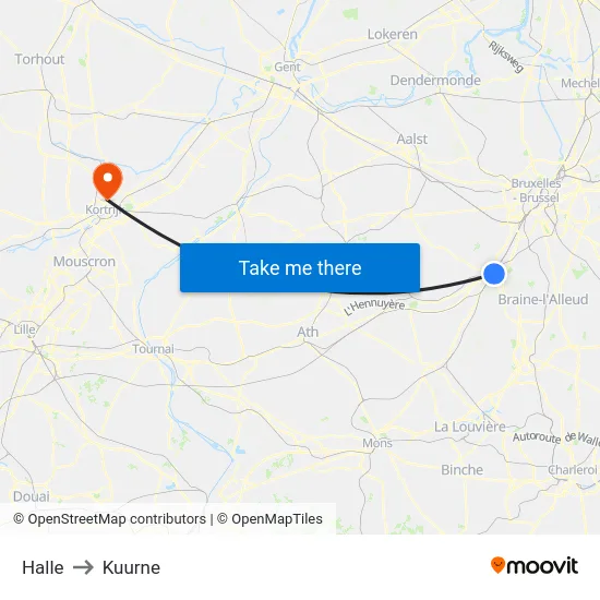 Halle to Kuurne map