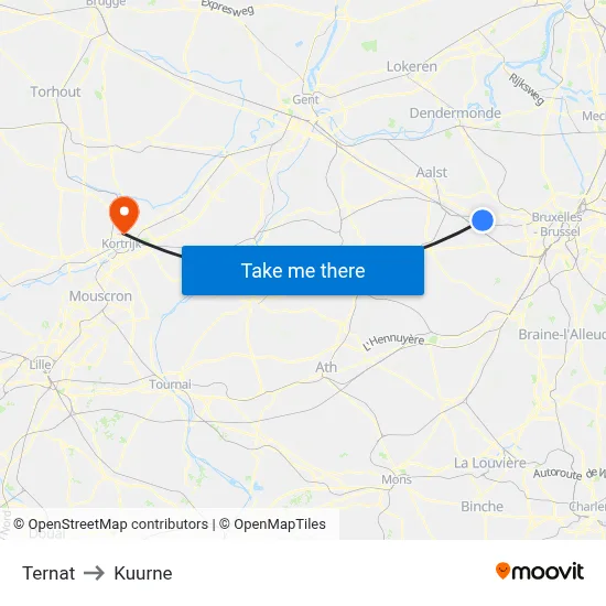 Ternat to Kuurne map