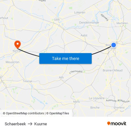 Schaerbeek to Kuurne map