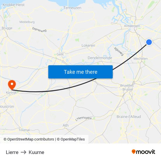 Lierre to Kuurne map