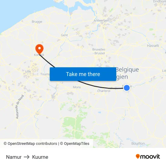 Namur to Kuurne map