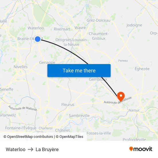 Waterloo to La Bruyère map