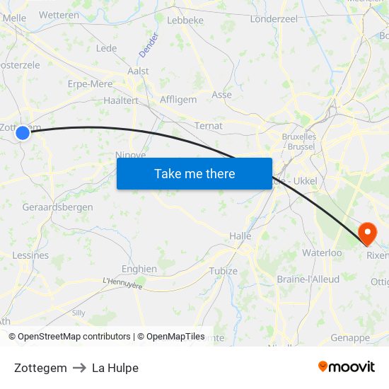 Zottegem to La Hulpe map