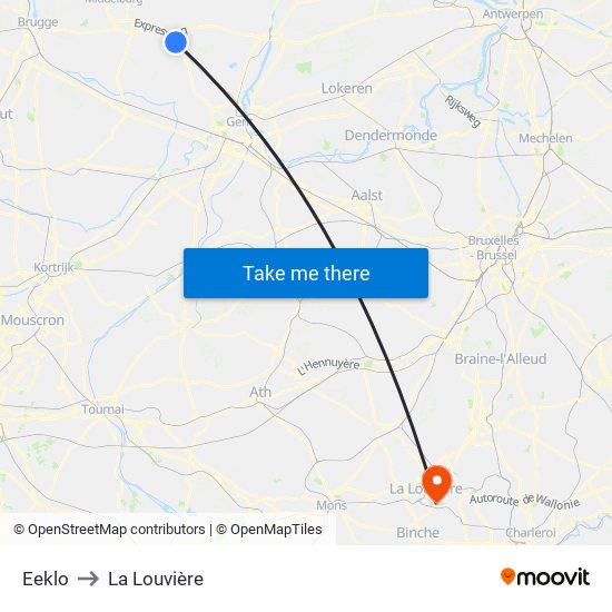 Eeklo to La Louvière map