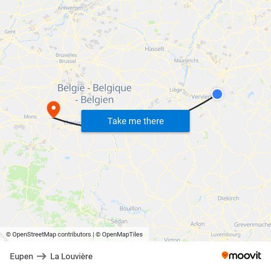 Eupen to La Louvière map