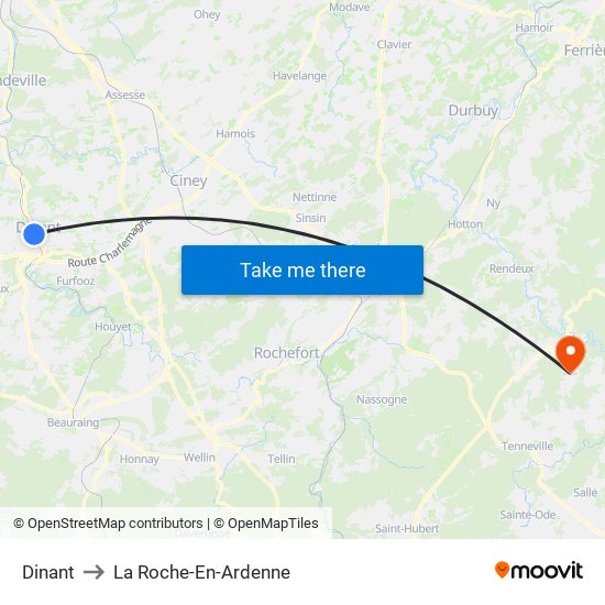 Dinant to La Roche-En-Ardenne map