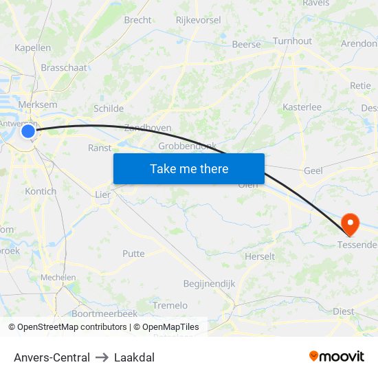 Anvers-Central to Laakdal map