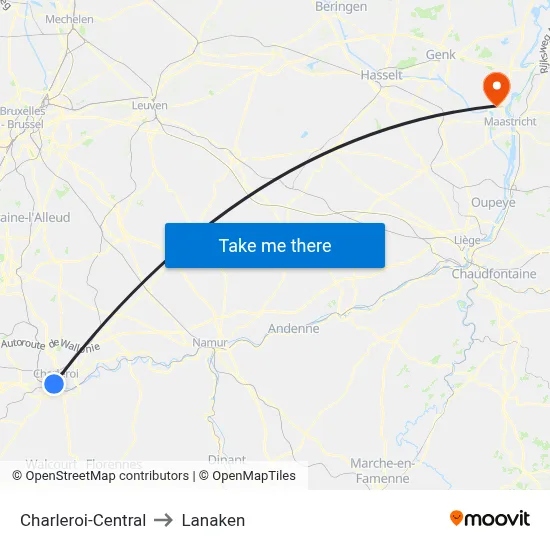 Charleroi-Central to Lanaken map
