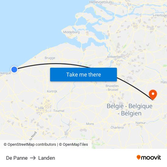 De Panne to Landen map