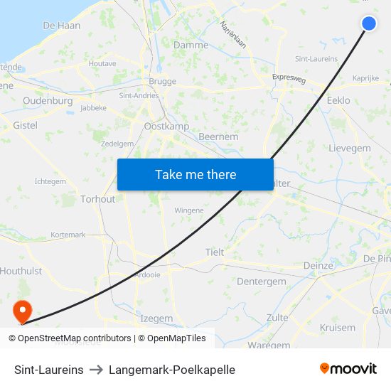 Sint-Laureins to Langemark-Poelkapelle map