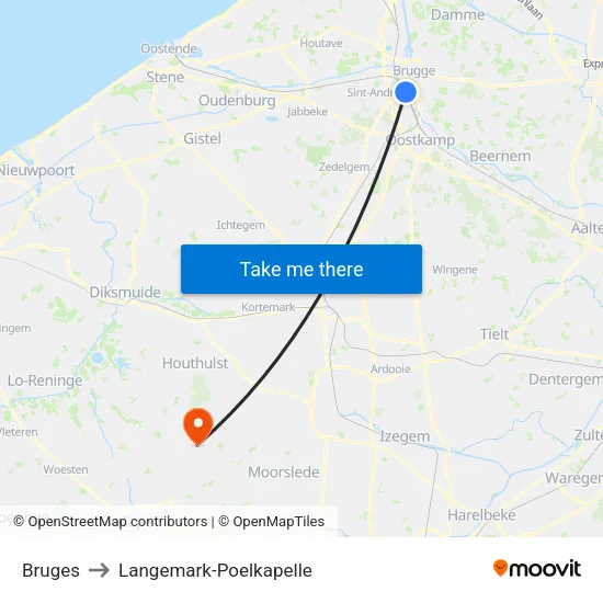 Bruges to Langemark-Poelkapelle map