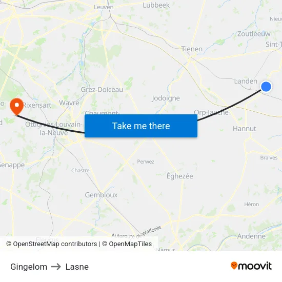 Gingelom to Lasne map