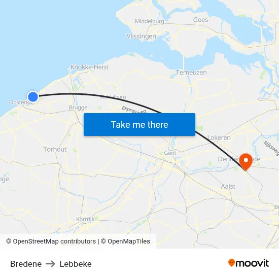 Bredene to Lebbeke map