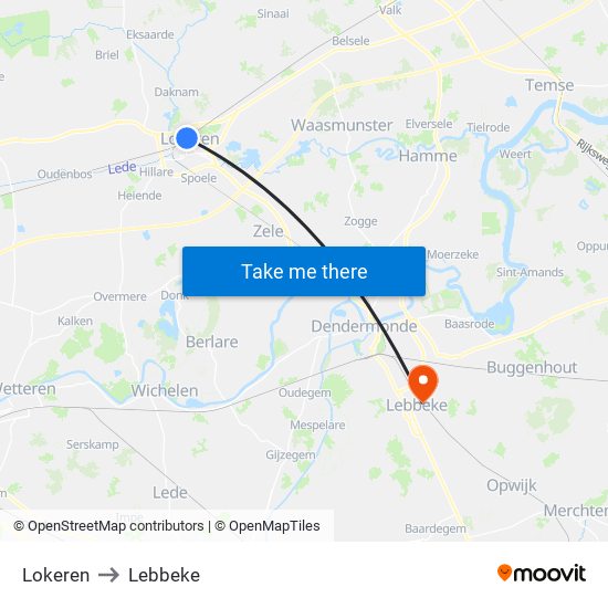 Lokeren to Lebbeke map