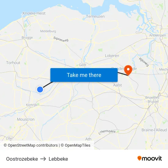 Oostrozebeke to Lebbeke map