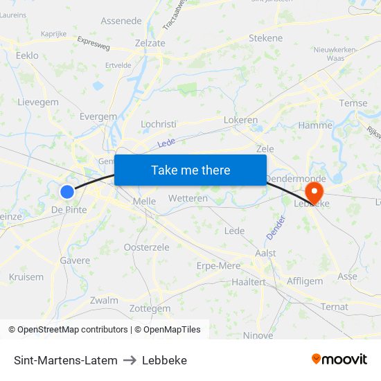 Sint-Martens-Latem to Lebbeke map