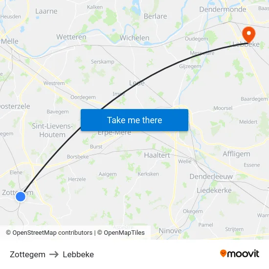Zottegem to Lebbeke map