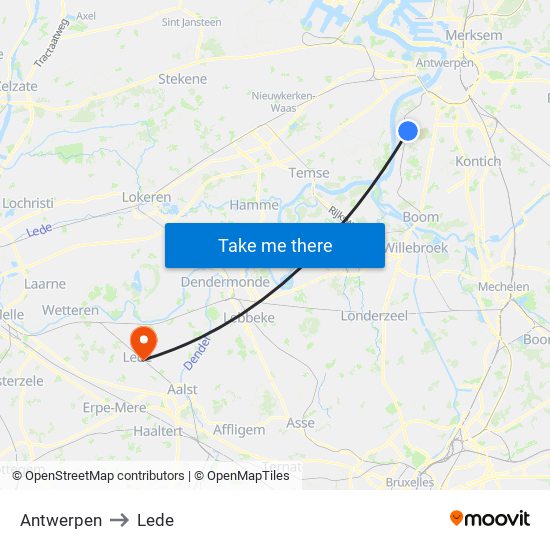 Antwerpen to Lede map