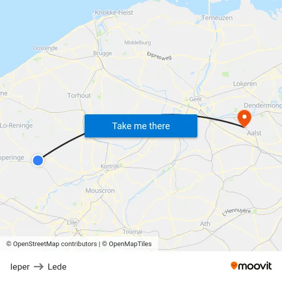 Ieper to Lede map