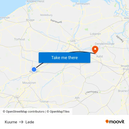 Kuurne to Lede map