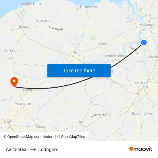 Aartselaar to Ledegem map
