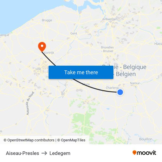 Aiseau-Presles to Ledegem map