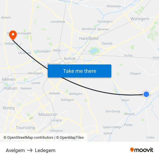 Avelgem to Ledegem map