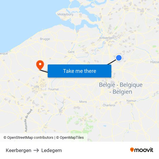 Keerbergen to Ledegem map