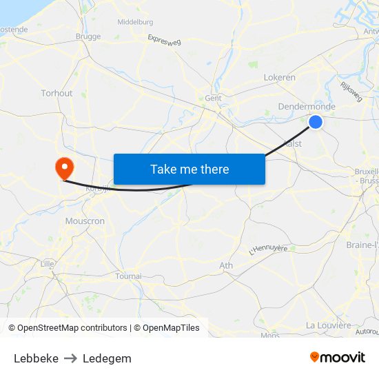 Lebbeke to Ledegem map