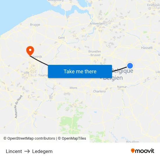 Lincent to Ledegem map