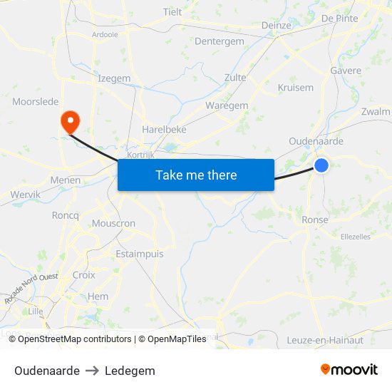 Oudenaarde to Ledegem map