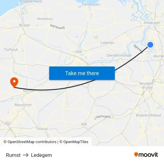 Rumst to Ledegem map