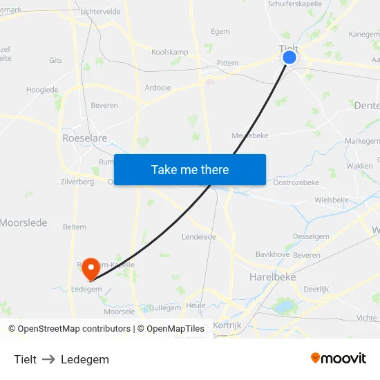Tielt to Ledegem map