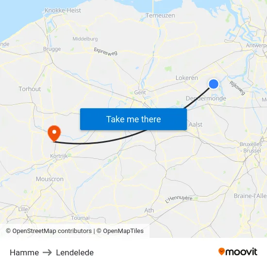 Hamme to Lendelede map