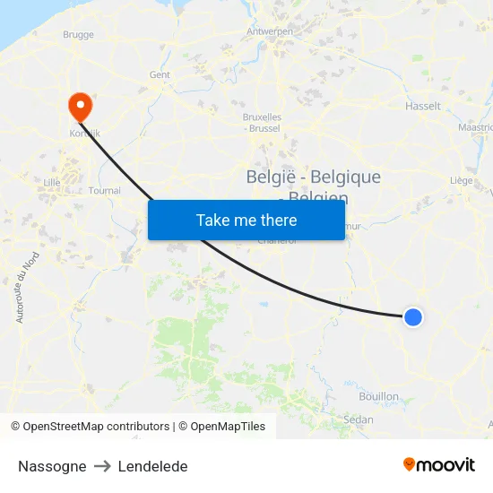 Nassogne to Lendelede map
