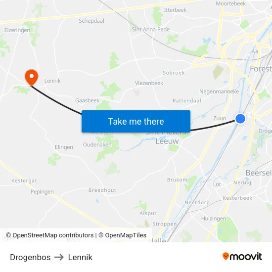 Drogenbos to Lennik map