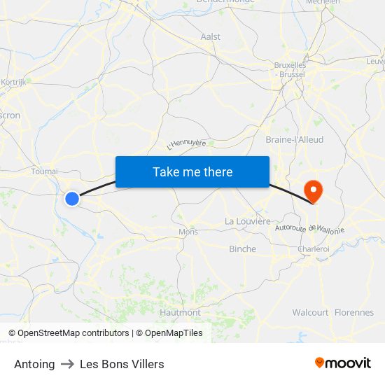 Antoing to Les Bons Villers map