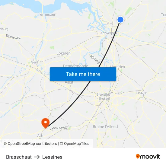 Brasschaat to Lessines map