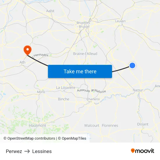 Perwez to Lessines map