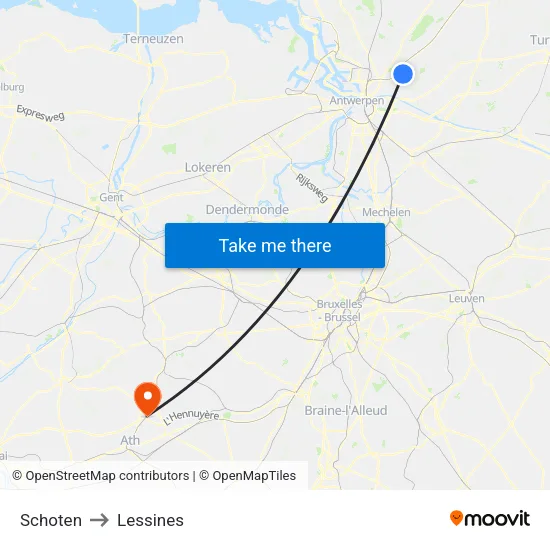Schoten to Lessines map