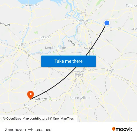 Zandhoven to Lessines map