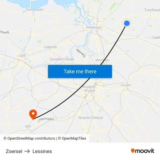 Zoersel to Lessines map