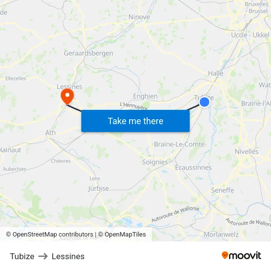 Tubize to Lessines map